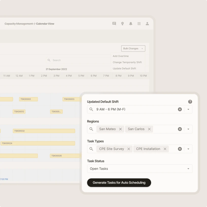 Zinier capacity planning panel updating default shifts by region and task type to generate auto-scheduling tasks.