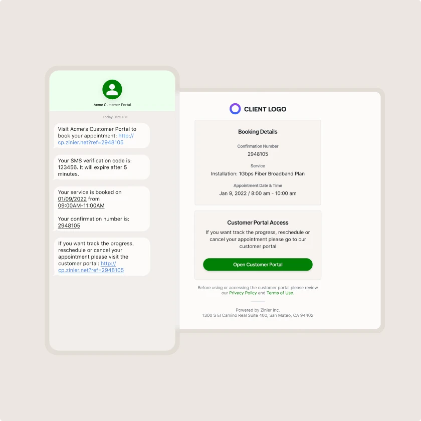 Booking confirmation SMS and email showing confirmation number, service details and appointment time.
