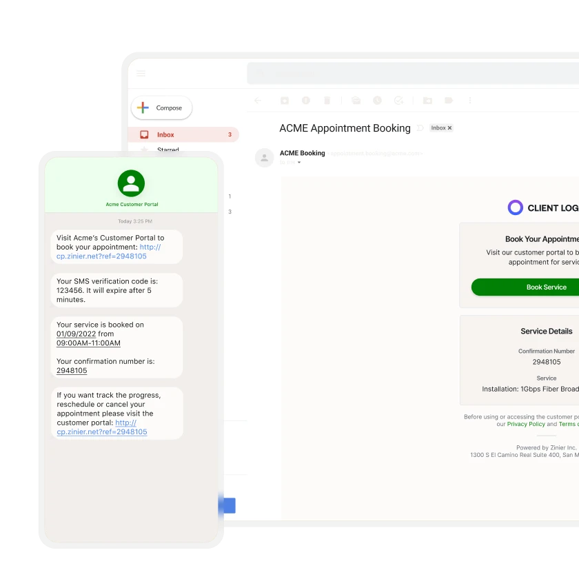 Zinier customer communications with SMS updates on mobile and an appointment booking email in the inbox.