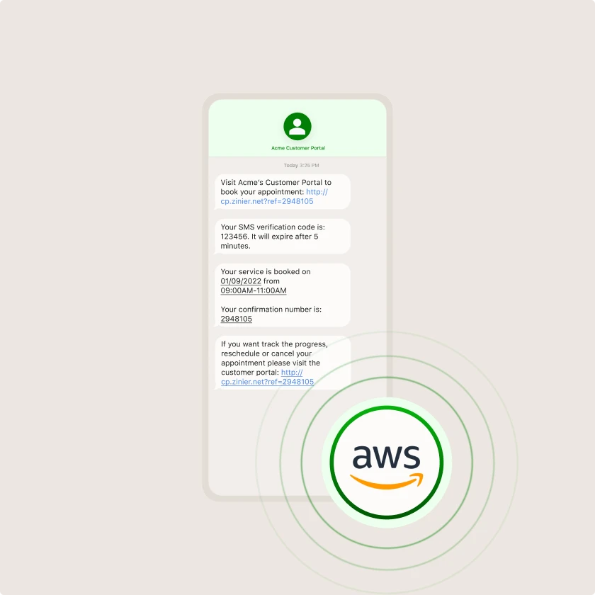 Customer SMS notifications for booking, verification and confirmation sent through Zinier's default AWS integration.