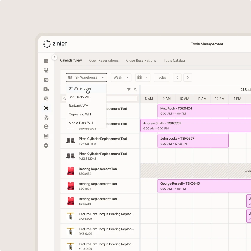 Zinier tools management calendar filtered by warehouse to show tool reservations and availability.