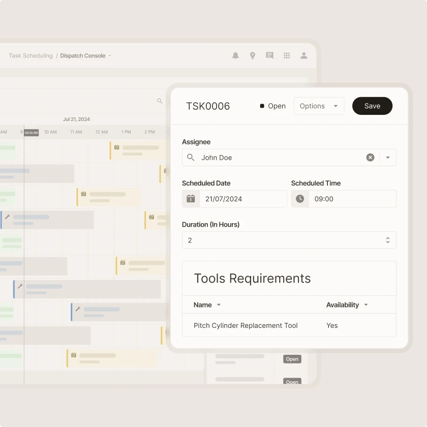 Zinier dispatch console task panel listing tool requirements and availability before dispatching a technician.