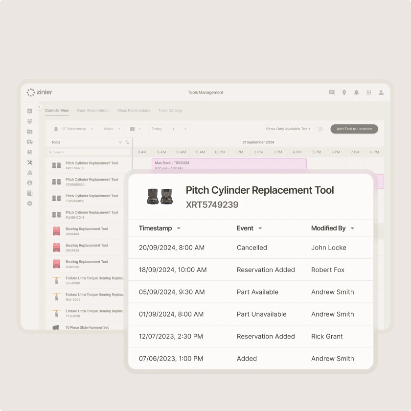 Zinier tools management audit log showing reservation and availability history for a replacement tool.