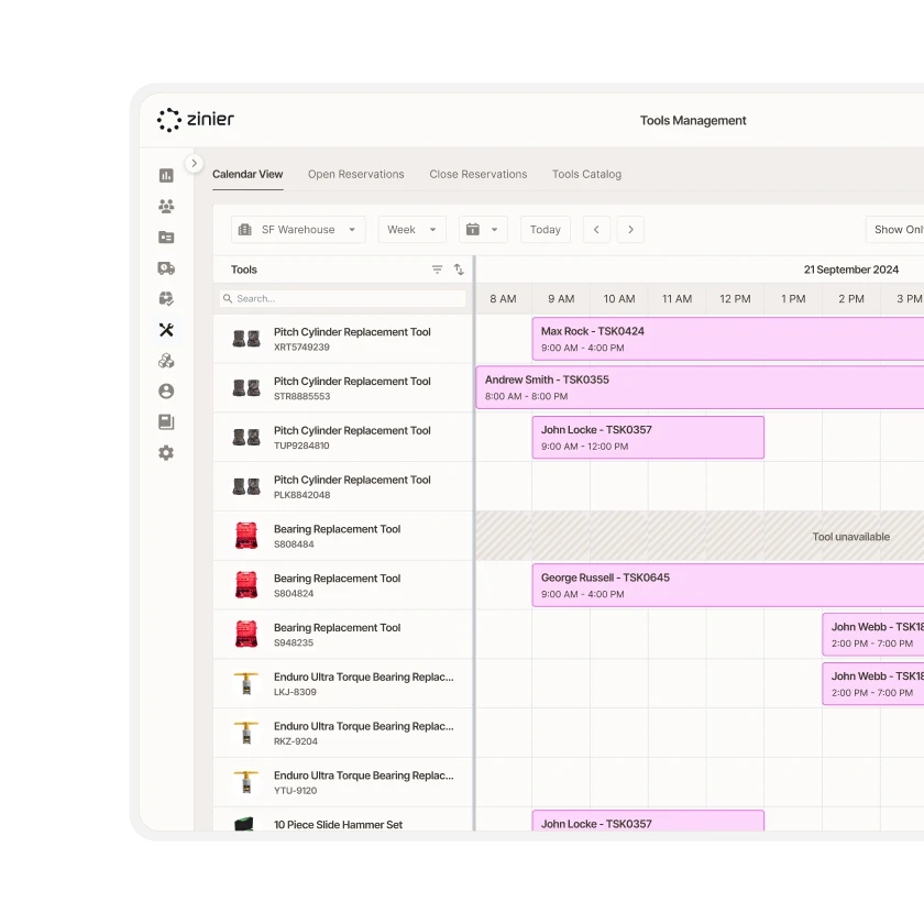 Zinier tools management calendar view showing tool reservations by technician and task across the day.