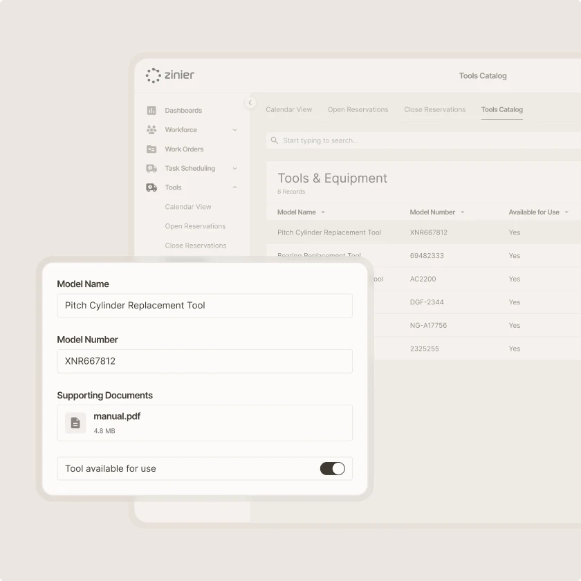 Zinier tools catalog listing tools and equipment, with a detail panel for model, number, documents and availability.