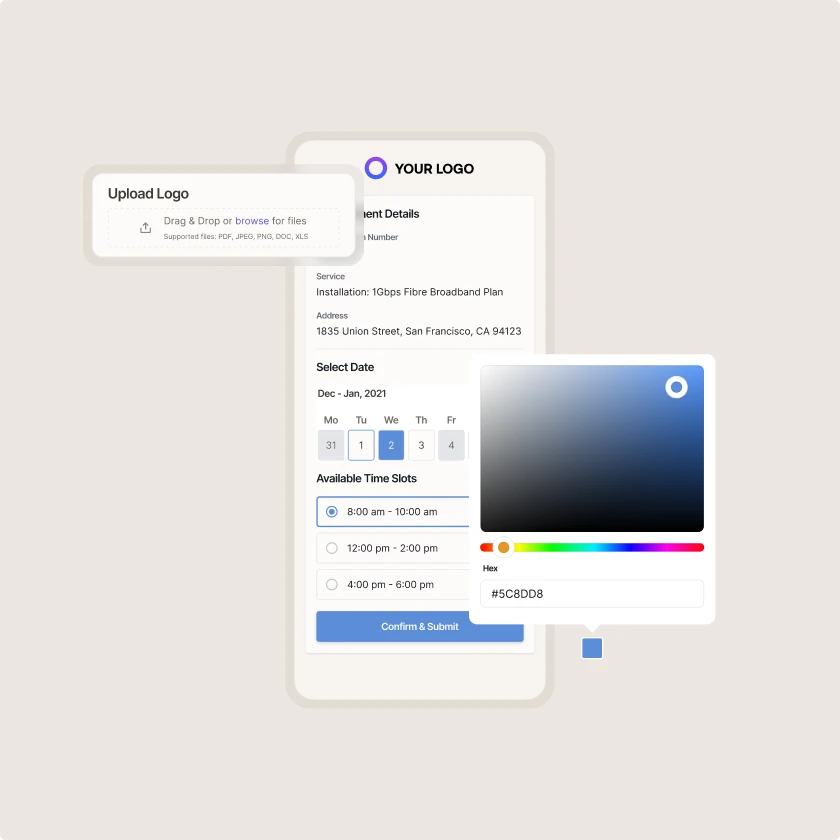 Zinier customer portal branding with logo upload and a color picker applied to the appointment booking page.