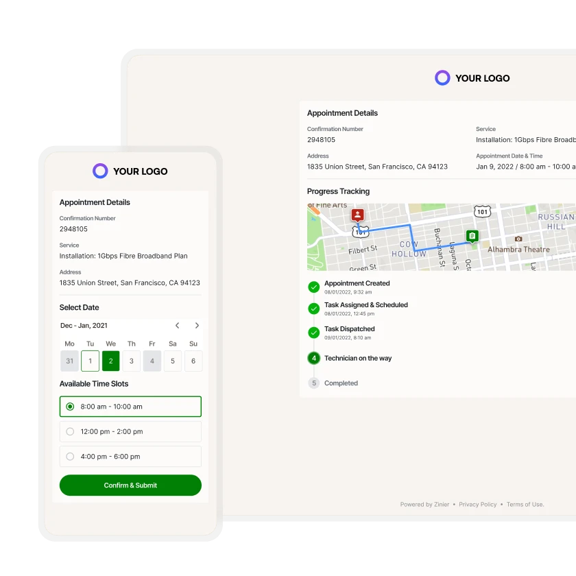 Zinier customer portal on mobile and web showing appointment booking, time slots and live progress tracking on a map.
