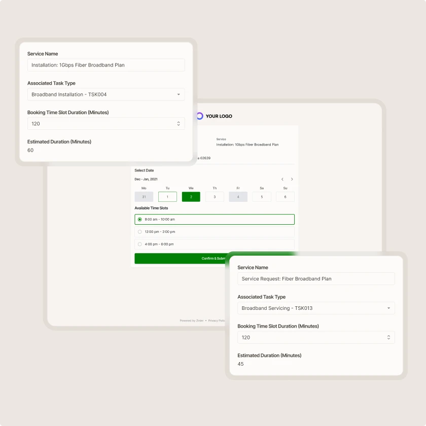 Zinier customer portal appointment scheduler with configurable service names, task types and time slot durations.