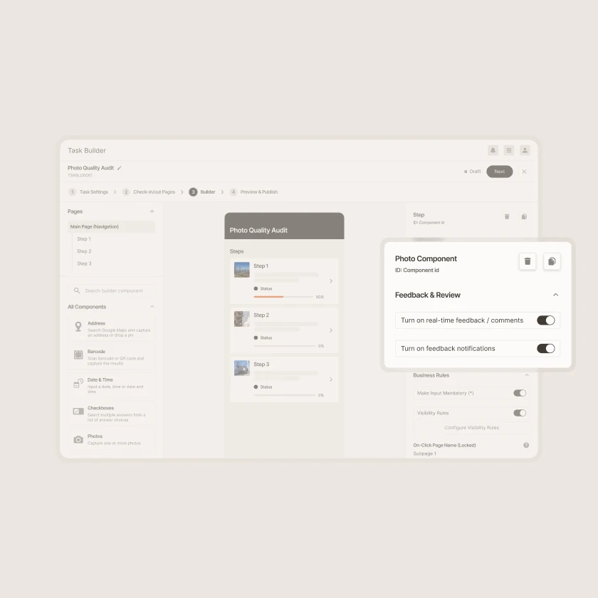 Zinier no-code task builder enabling real-time feedback and notifications on a photo component for audits.