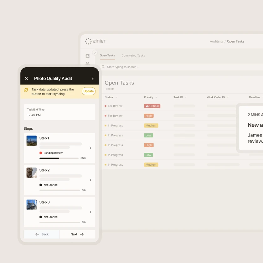 Zinier photo quality audit on mobile with step progress, synced to an open audit tasks list on the web.