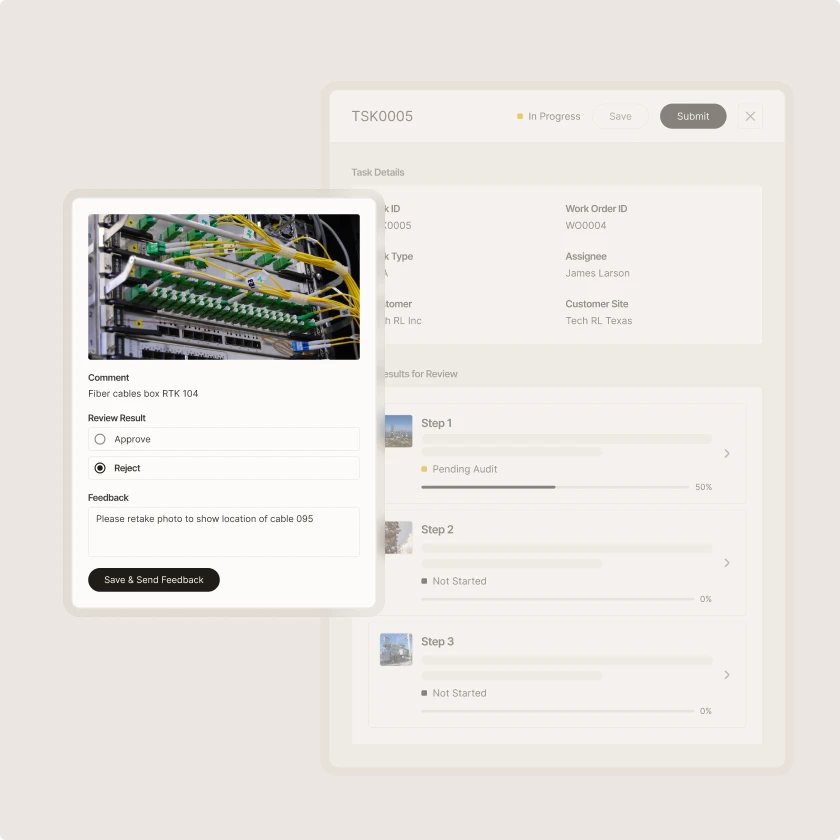 Zinier dynamic audits task review with step progress and a photo review panel for approving or rejecting with feedback.