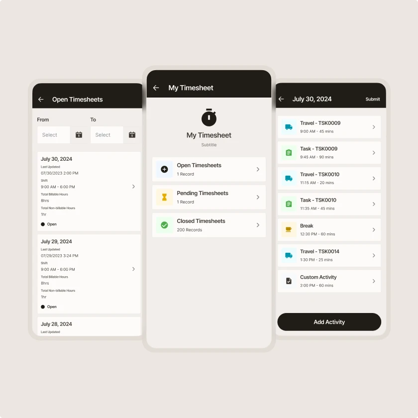 Zinier mobile timesheet screens where technicians view, edit and submit daily travel, task and break activities.