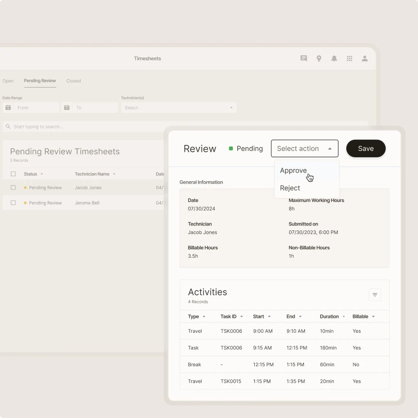 Zinier timesheet review panel for approving or rejecting a technician's billable hours and logged activities.