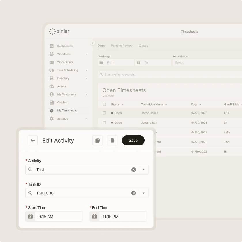 Zinier web timesheets with an Edit Activity panel for changing task ID and start and end times.