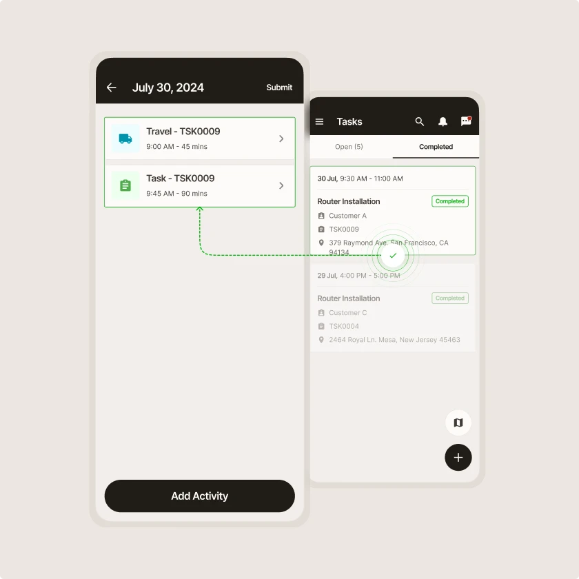 Zinier timesheet auto-tracking linking a completed router installation task to travel and task entries on mobile.