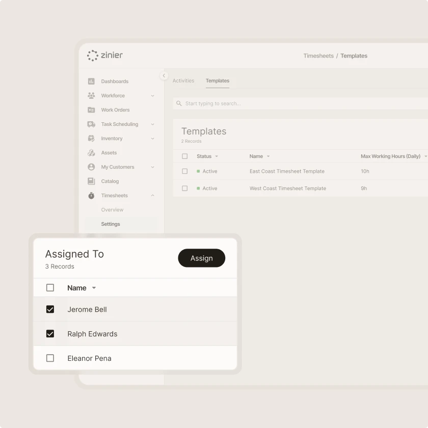 Zinier timesheets templates catalog listing active regional templates with an Assigned To technician panel.