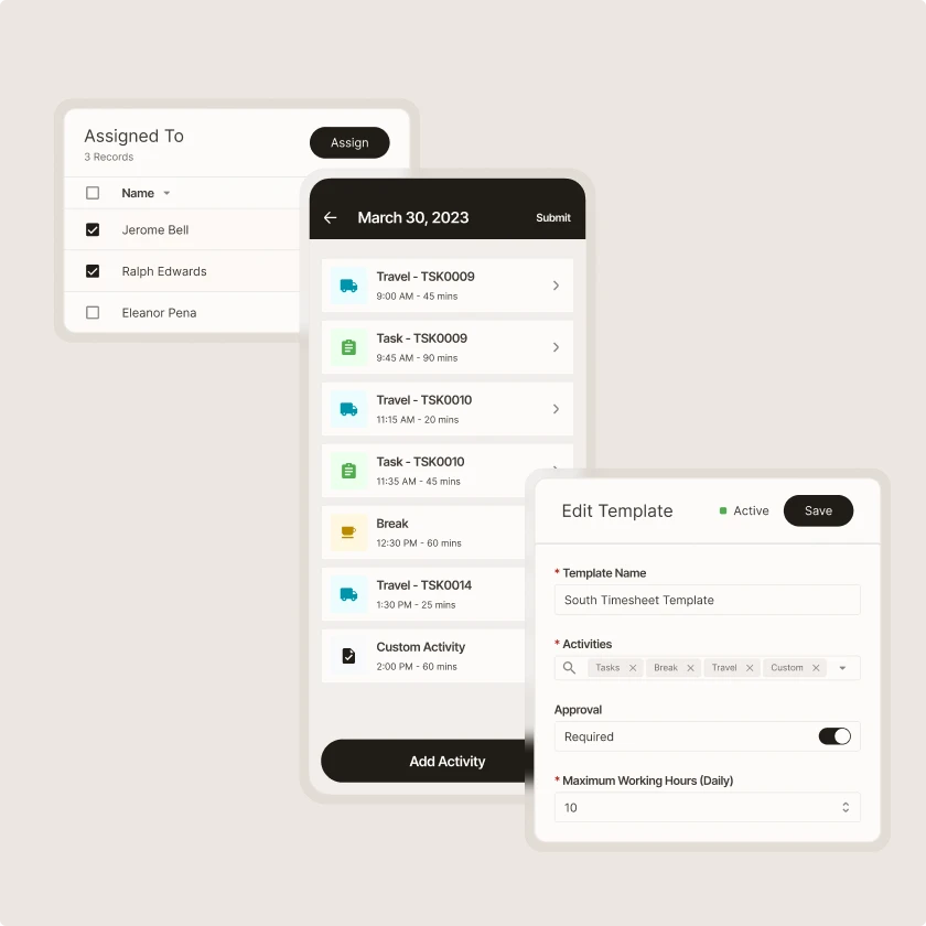 Zinier timesheet template configuration with activities, approval settings, max working hours and technician assignment.