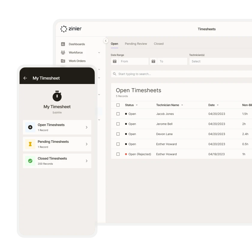 Zinier timesheets on mobile and web, showing open, pending and closed timesheets and a technician timesheet list.