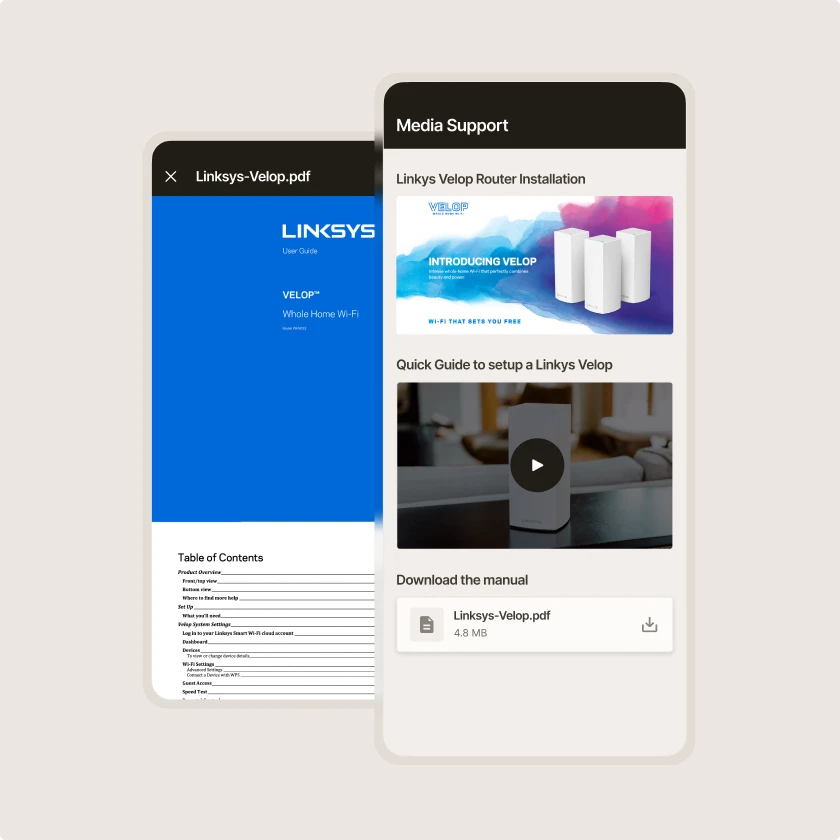 Zinier mobile form showing media support with PDF manuals, images and video guides.