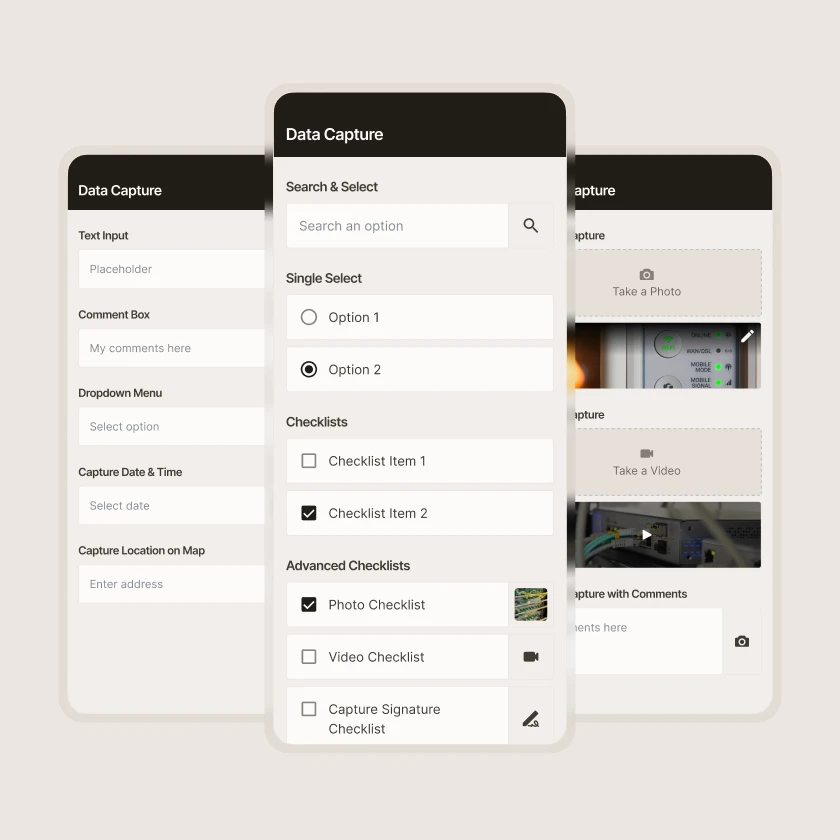 Zinier mobile data capture forms with text inputs, dropdowns, checklists, photo, video and signature capture fields.
