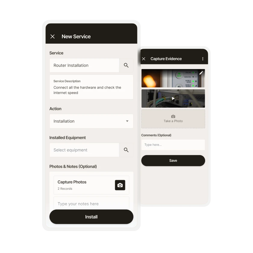 Zinier mobile forms and checklists for a router installation with photo evidence capture.