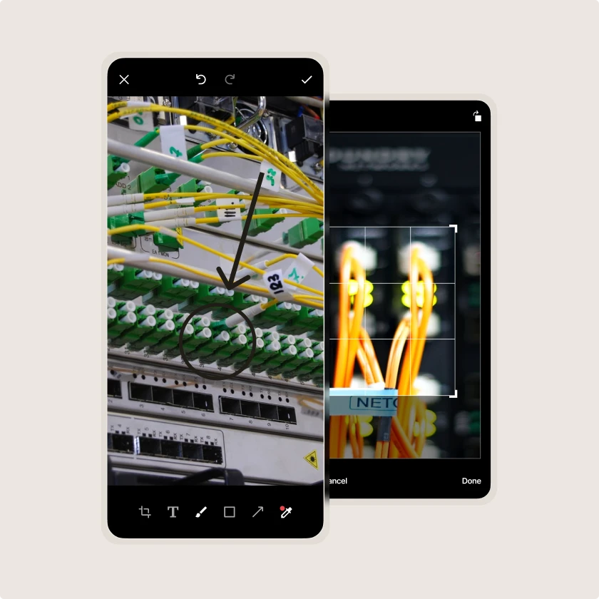 Zinier mobile forms app with photo markup tools for annotating and cropping a field photo of fiber network cabling.