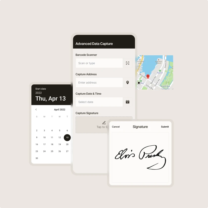 Zinier mobile form with barcode scanning, address, date capture and signature fields for field service.