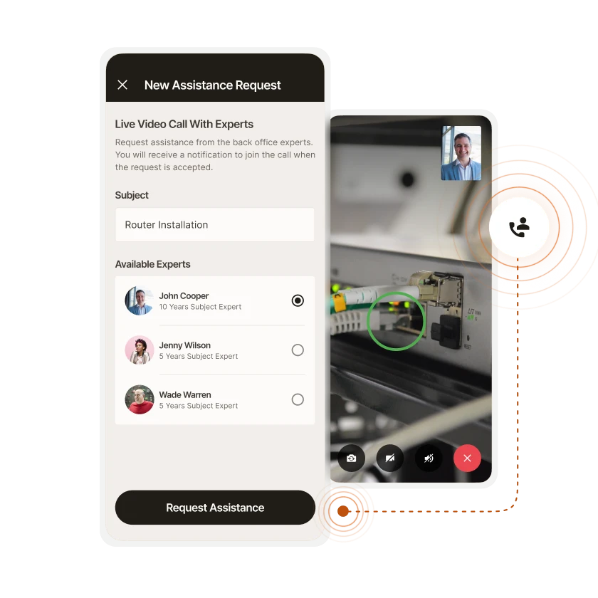Zinier Remote Assistant mobile app requesting a live video call with subject matter experts.