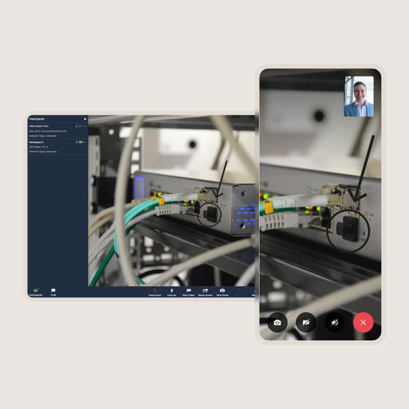 Zinier Remote Assistant web and mobile screen sharing with annotation on network equipment.
