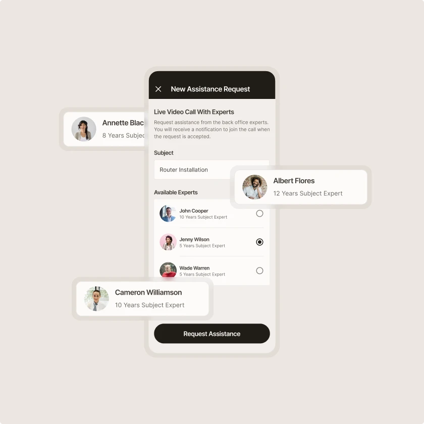 Zinier Remote Assistant request form for choosing an available subject matter expert.