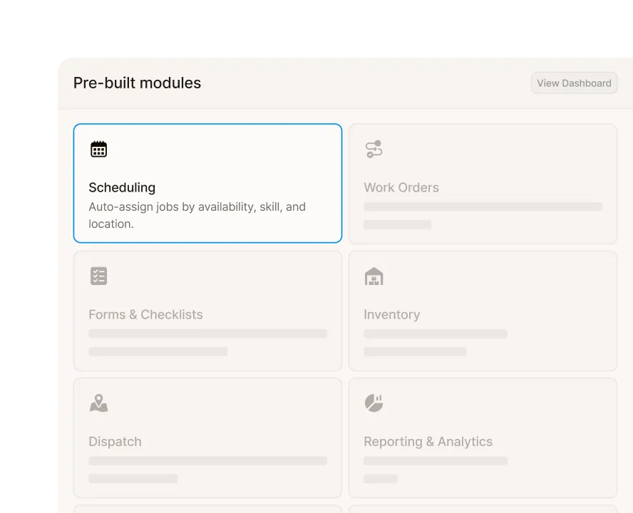 Zinier Core pre-built modules grid with Scheduling, Work Orders, Dispatch and Reporting.