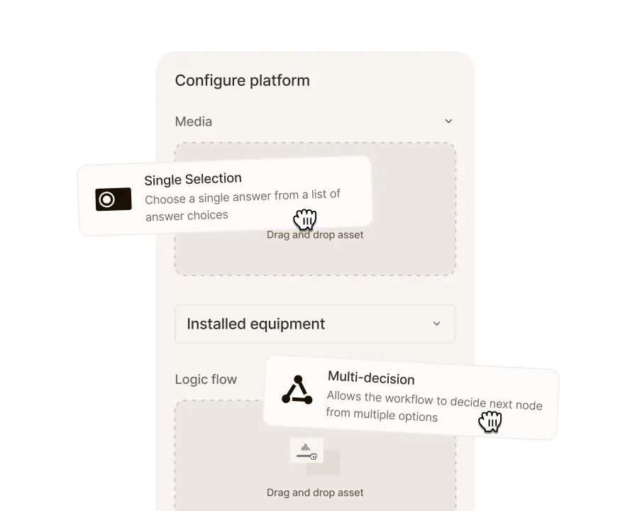 Zinier Studio platform configuration with drag-and-drop form and logic flow components.