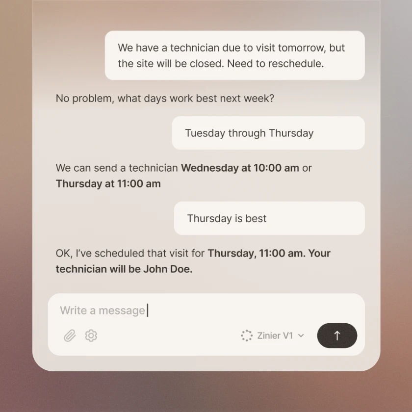 Zinier Intelligence AI chat rescheduling a technician visit through a conversational assistant.