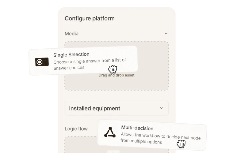 Zinier Studio configuration panel with drag-and-drop Single Selection and Multi-decision components.