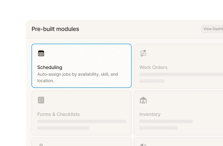 Zinier Core pre-built modules grid highlighting Scheduling, with Work Orders, Forms and Inventory.