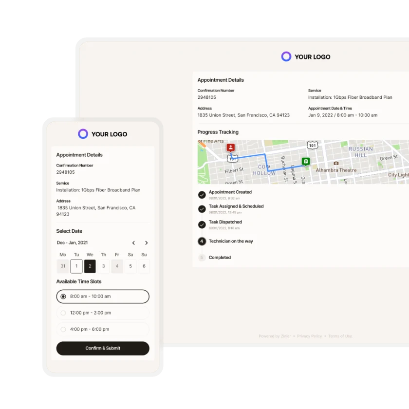 Zinier customer portal with appointment booking, time slots and live technician progress tracking.
