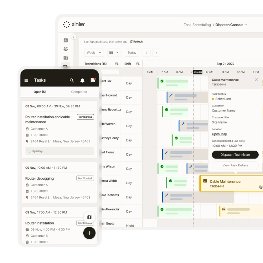 Zinier dispatch console showing technician schedules on a timeline alongside the mobile task list.