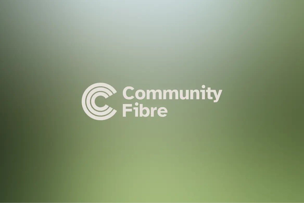 Community Fibre logo on a green gradient background.