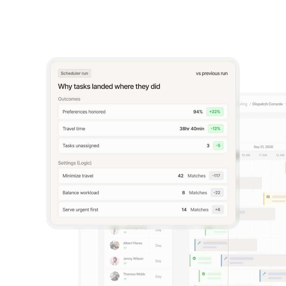 Zinier scheduler run summary explaining task outcomes, travel time and logic settings versus the previous run.