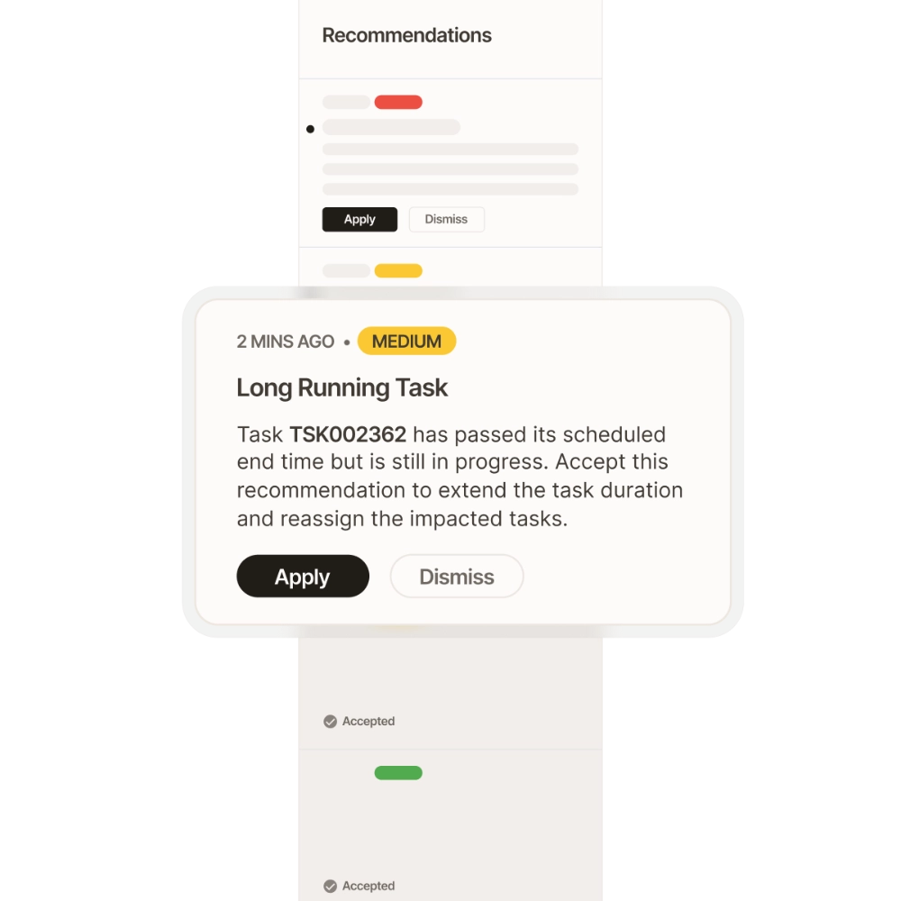 Zinier recommendation center card suggesting a fix for a long-running task with apply and dismiss options.