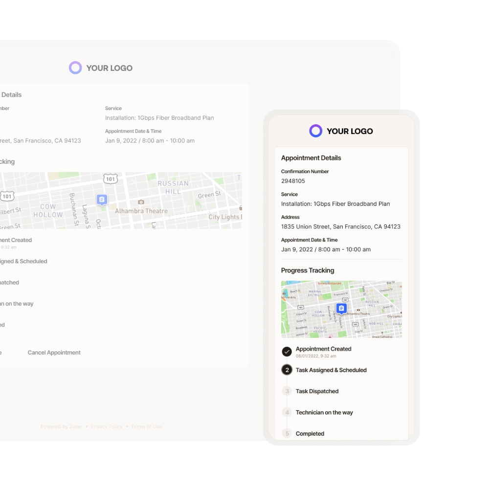 Zinier appointment portal showing task details, service address and job progress tracking.