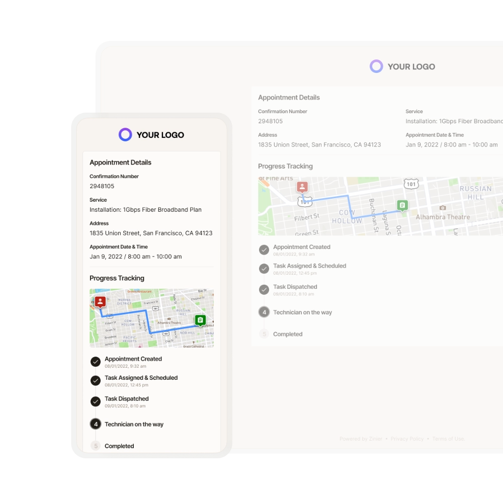 Zinier appointment portal showing live technician location on a map with progress tracking steps.