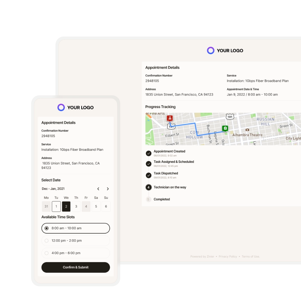 Zinier appointment booking on mobile and desktop with time slot selection and live progress tracking.