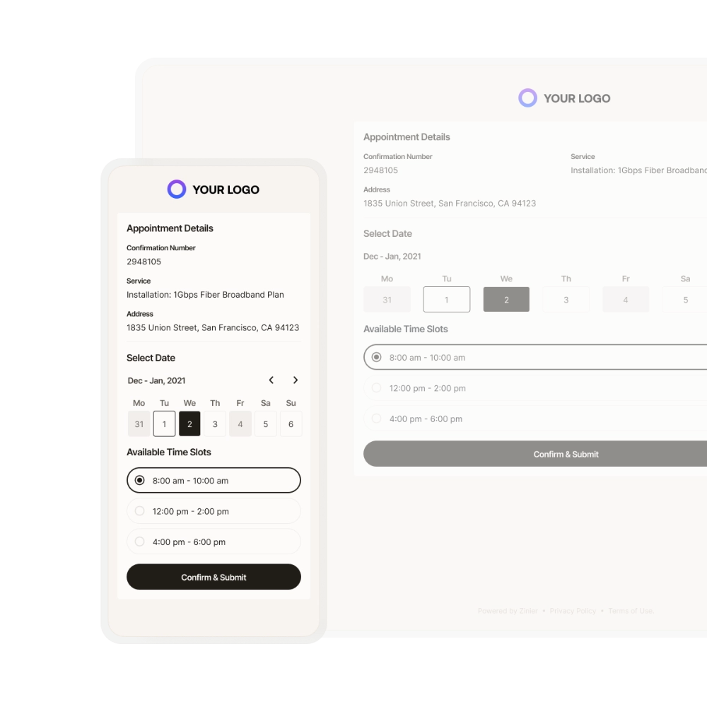 Zinier appointment booking portal on mobile and desktop for selecting a date and time slot.