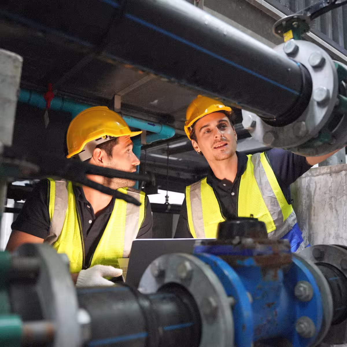 Two water utility technicians in hard hats and hi-vis vests inspecting pipework and valves.