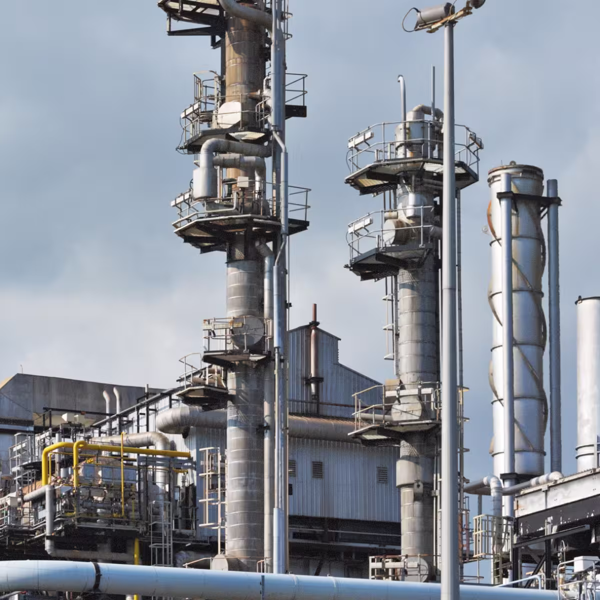 Gas processing plant with steel towers, platforms and pipework against a cloudy sky.