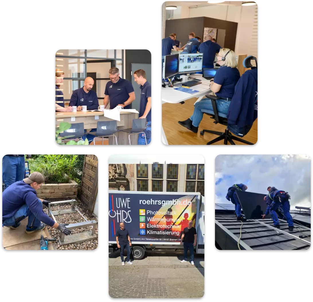 Teammitglieder bei Besprechung, Büroarbeit, Montage und vor Firmenfahrzeug der Uwe Röhrs GmbH.