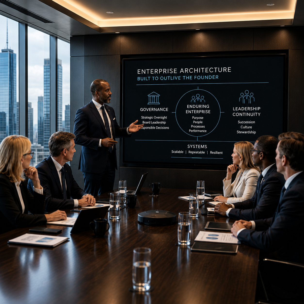 Businessman presenting enterprise architecture on screen to a group in a boardroom with city view windows.