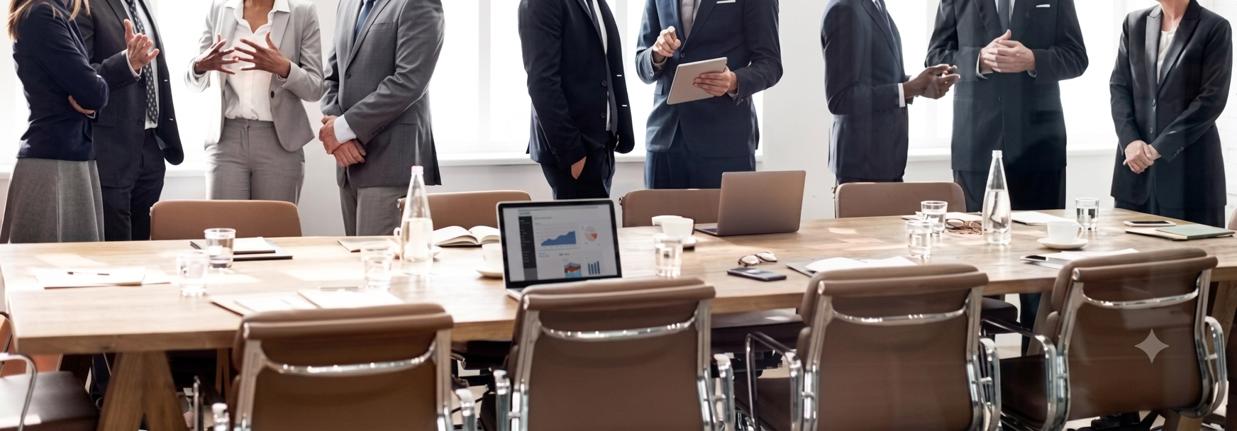Business professionals in suits standing and discussing behind a conference table with laptops and documents.