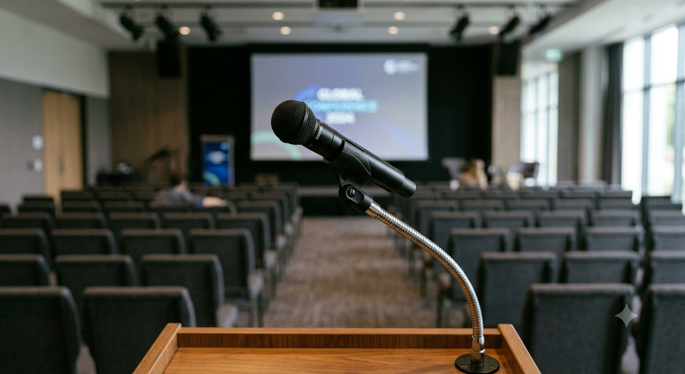Microphone on podium in empty conference room facing rows of chairs and a presentation screen.